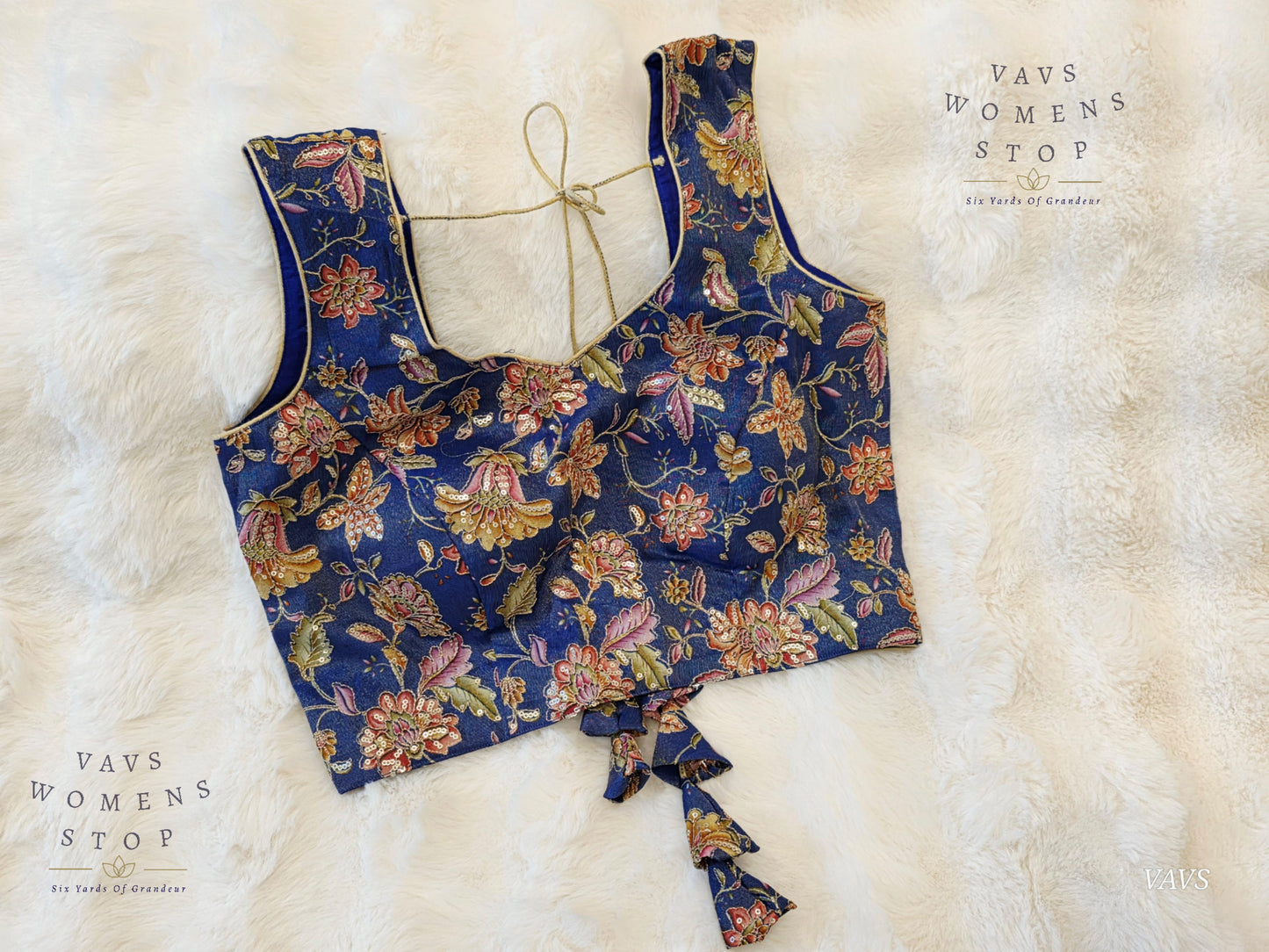 Blue Shade Floral Outline Embroidery Tissue Sleeveless Stitched Blouse