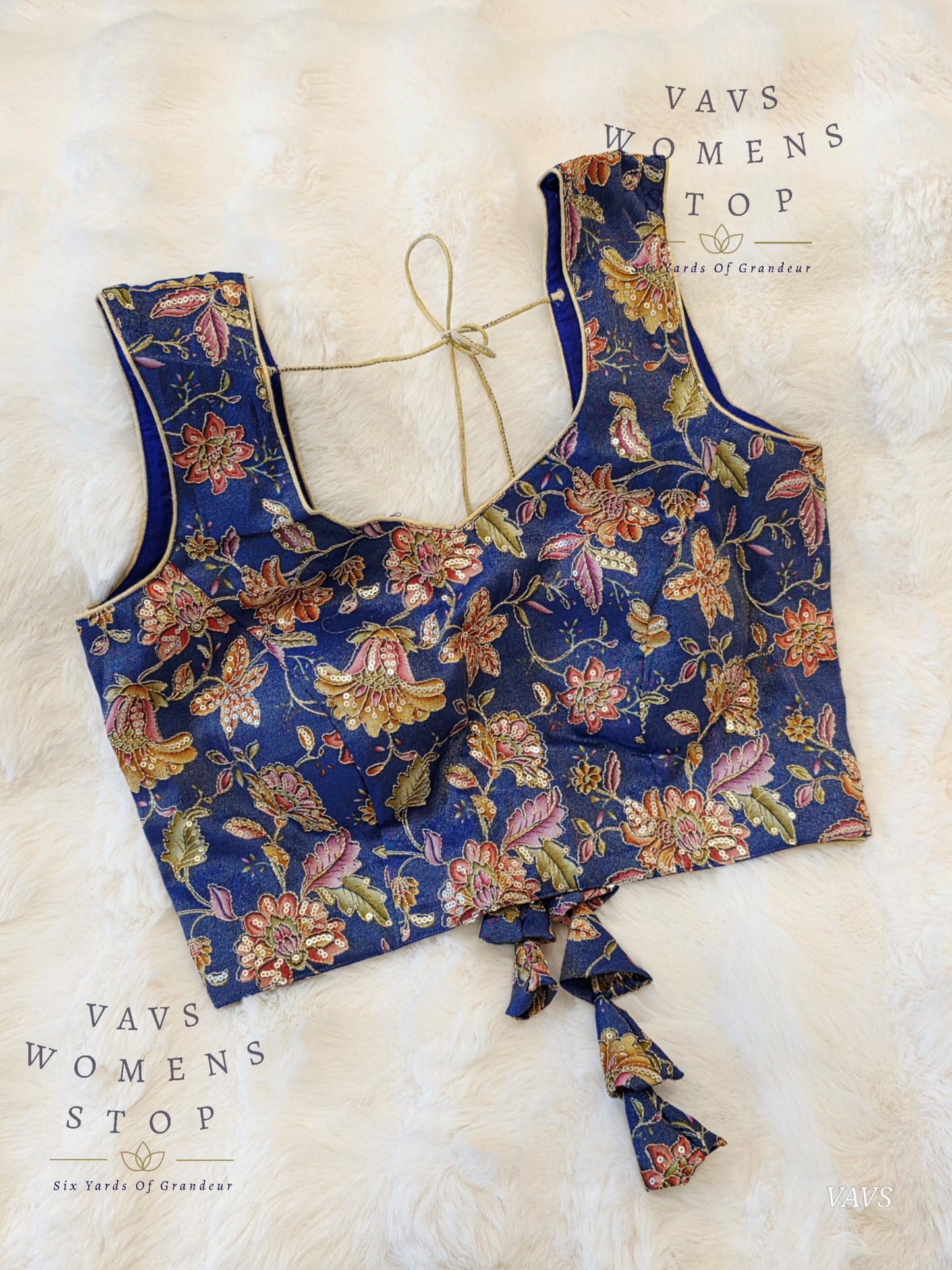 Blue Shade Floral Outline Embroidery Tissue Sleeveless Stitched Blouse