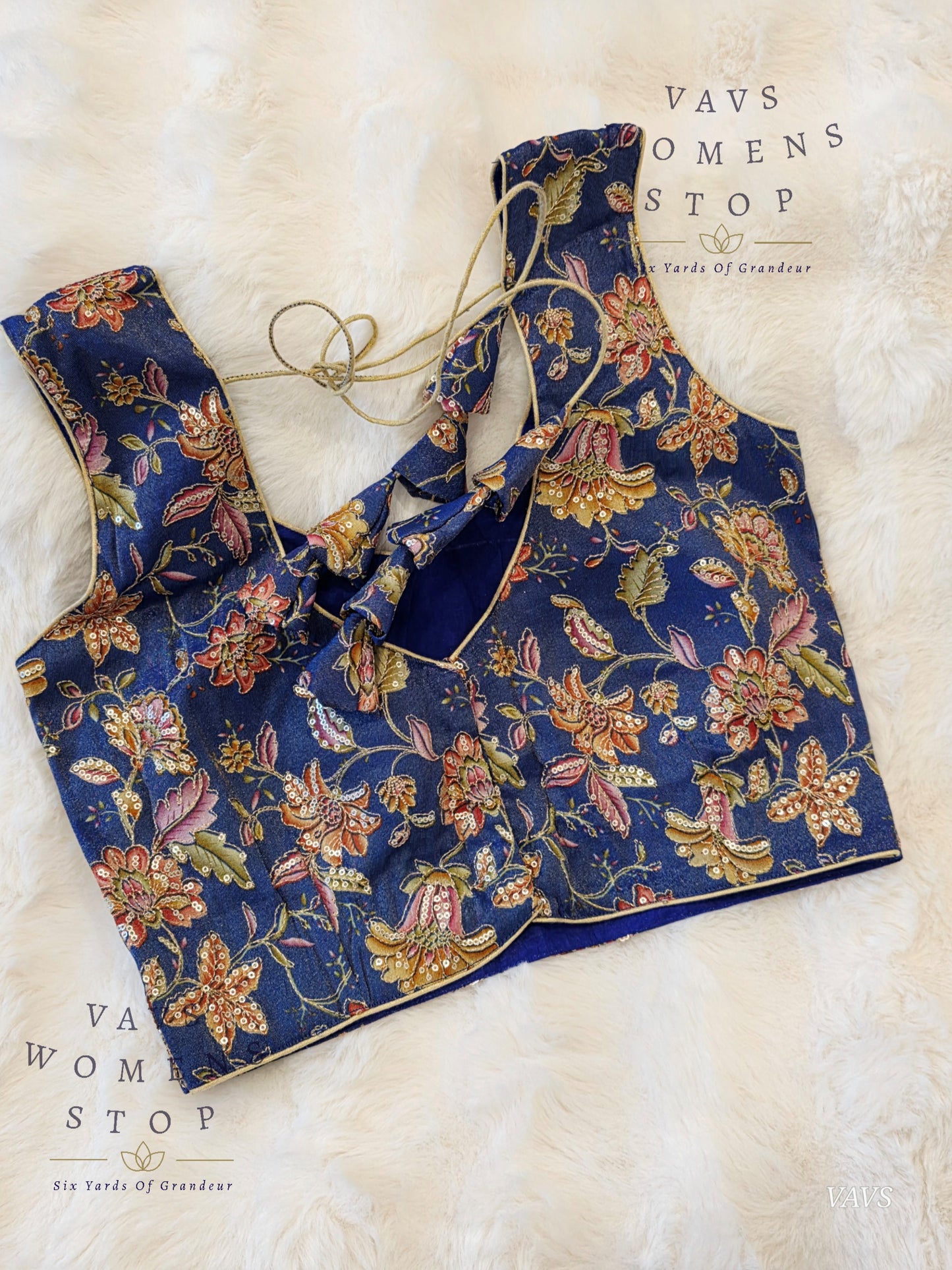 Blue Shade Floral Outline Embroidery Tissue Sleeveless Stitched Blouse