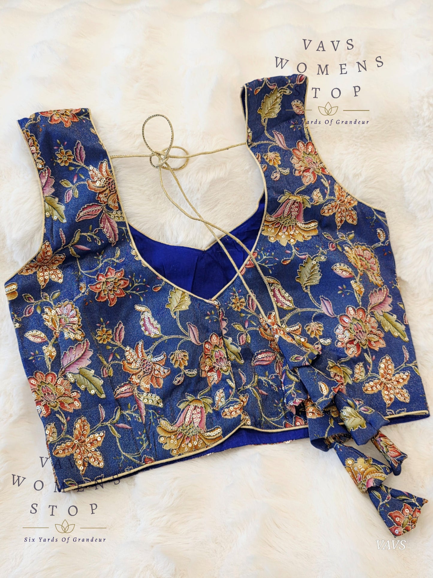 Blue Shade Floral Outline Embroidery Tissue Sleeveless Stitched Blouse