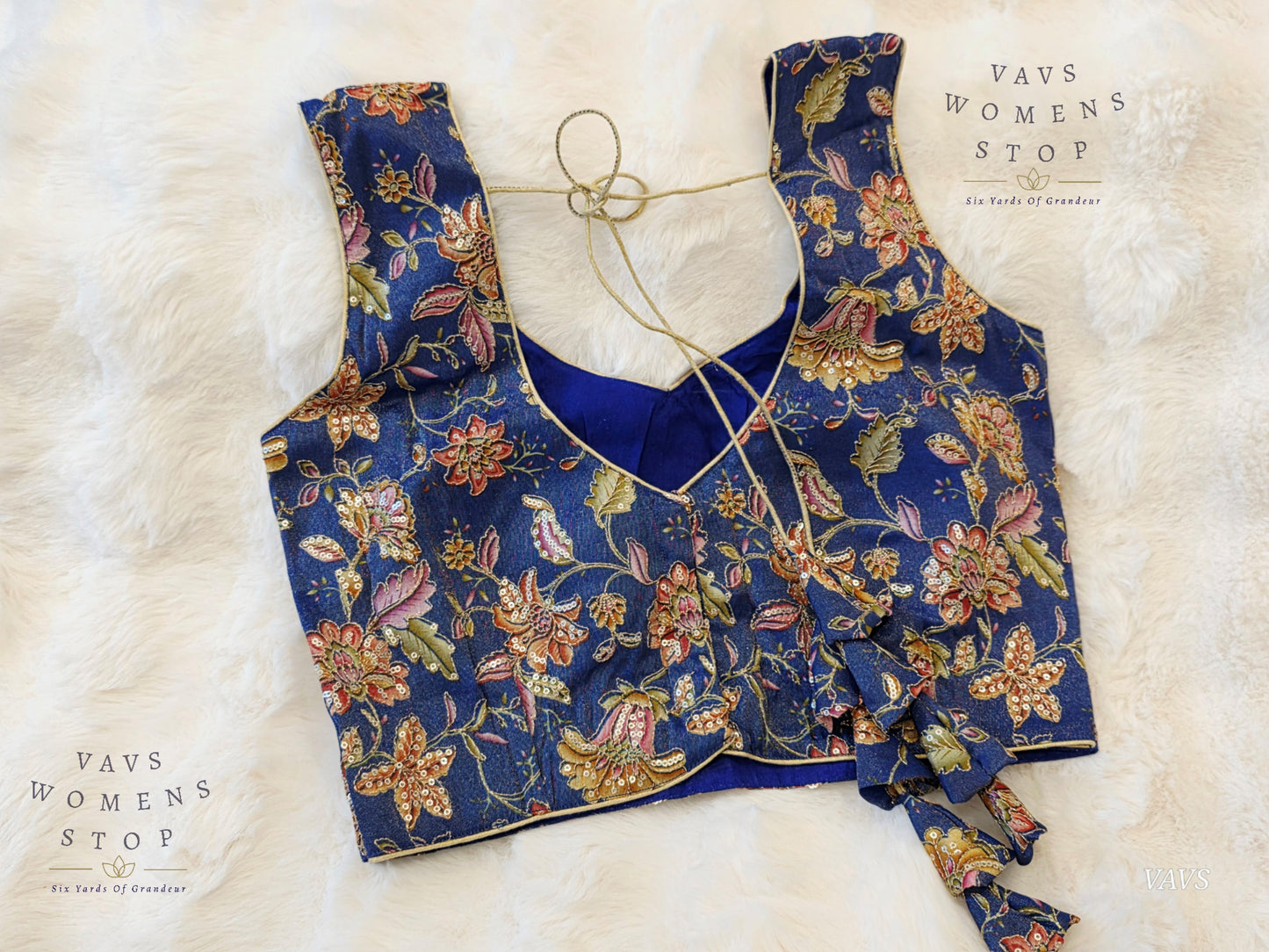 Blue Shade Floral Outline Embroidery Tissue Sleeveless Stitched Blouse