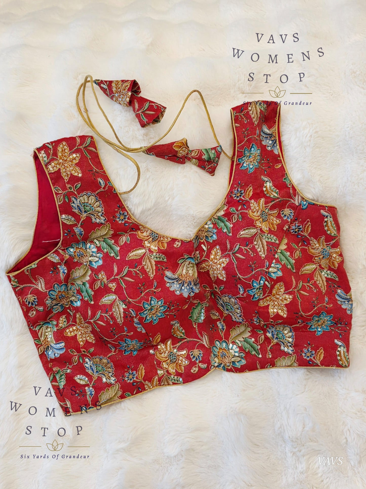 Red Shade Floral Outline Embroidery Tissue Sleeveless Stitched Blouse
