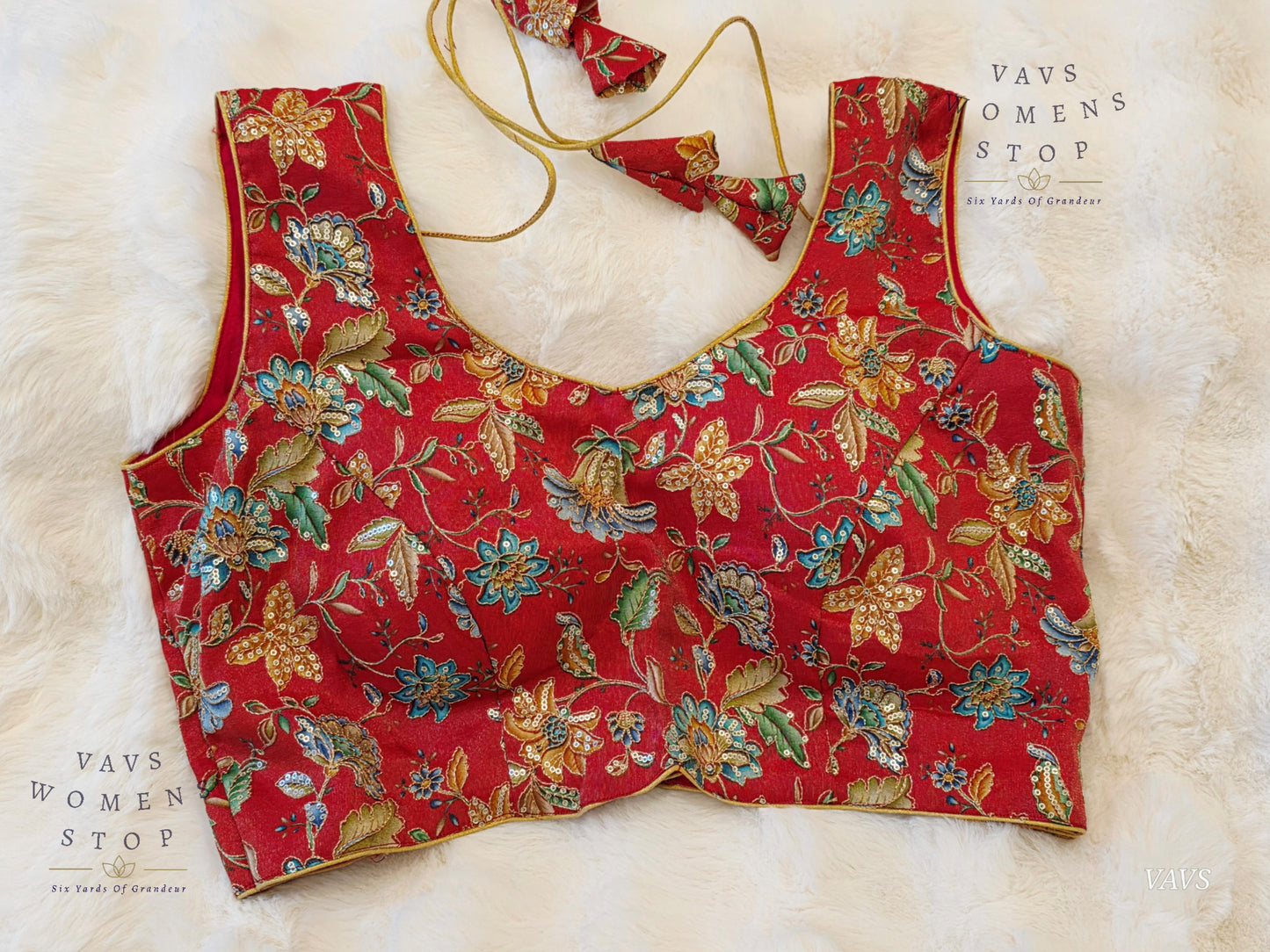 Red Shade Floral Outline Embroidery Tissue Sleeveless Stitched Blouse