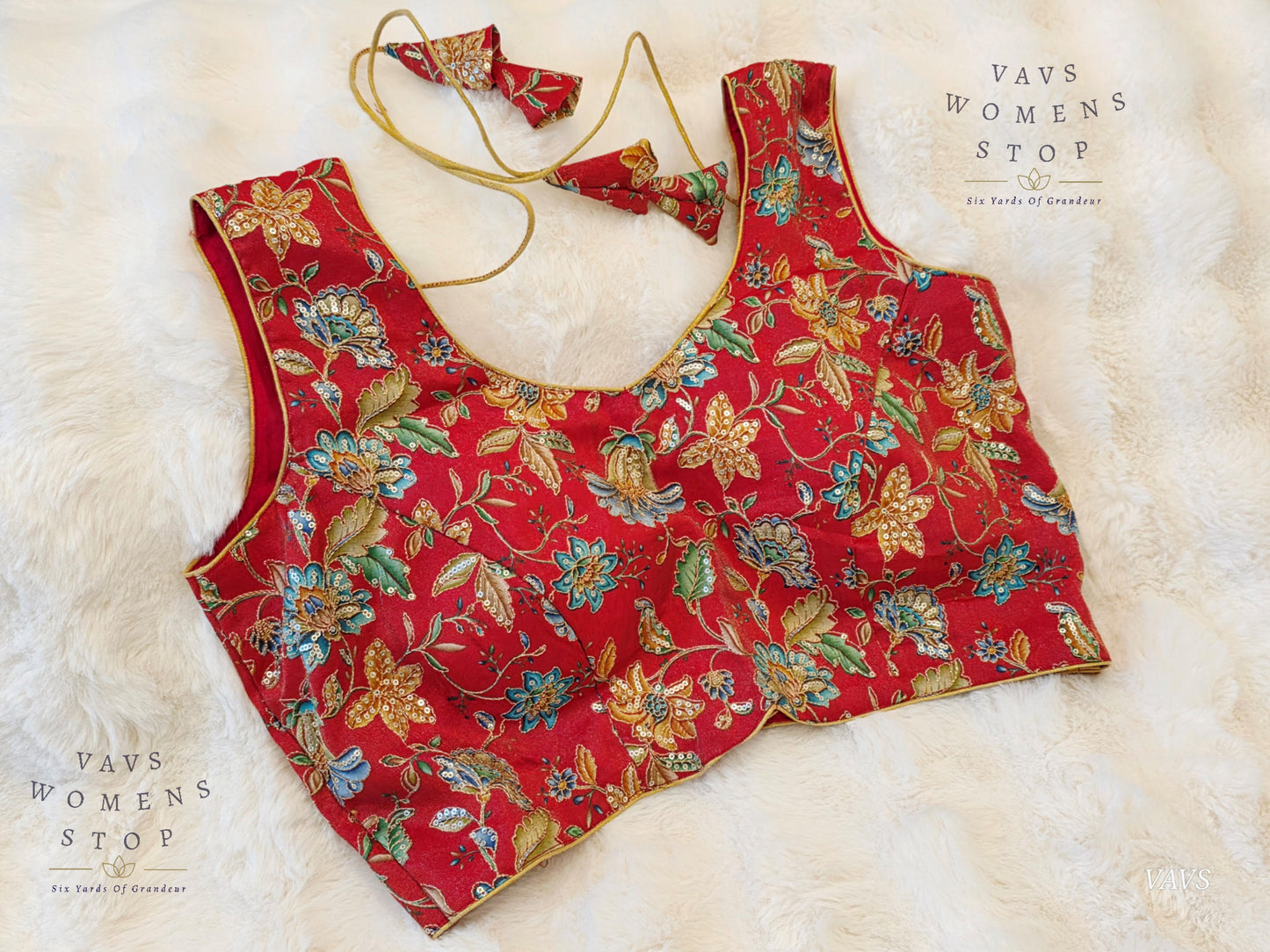 Red Shade Floral Outline Embroidery Tissue Sleeveless Stitched Blouse