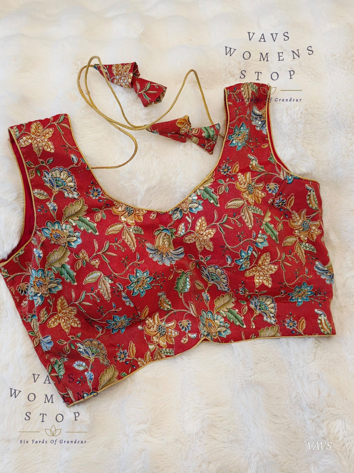 Red Shade Floral Outline Embroidery Tissue Sleeveless Stitched Blouse