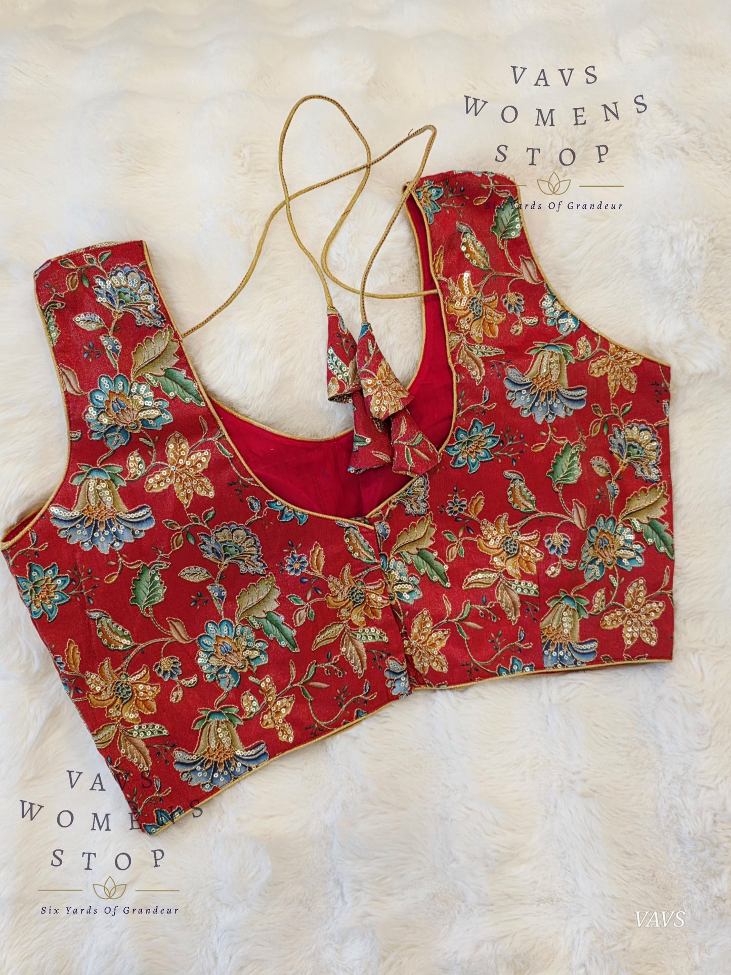 Red Shade Floral Outline Embroidery Tissue Sleeveless Stitched Blouse