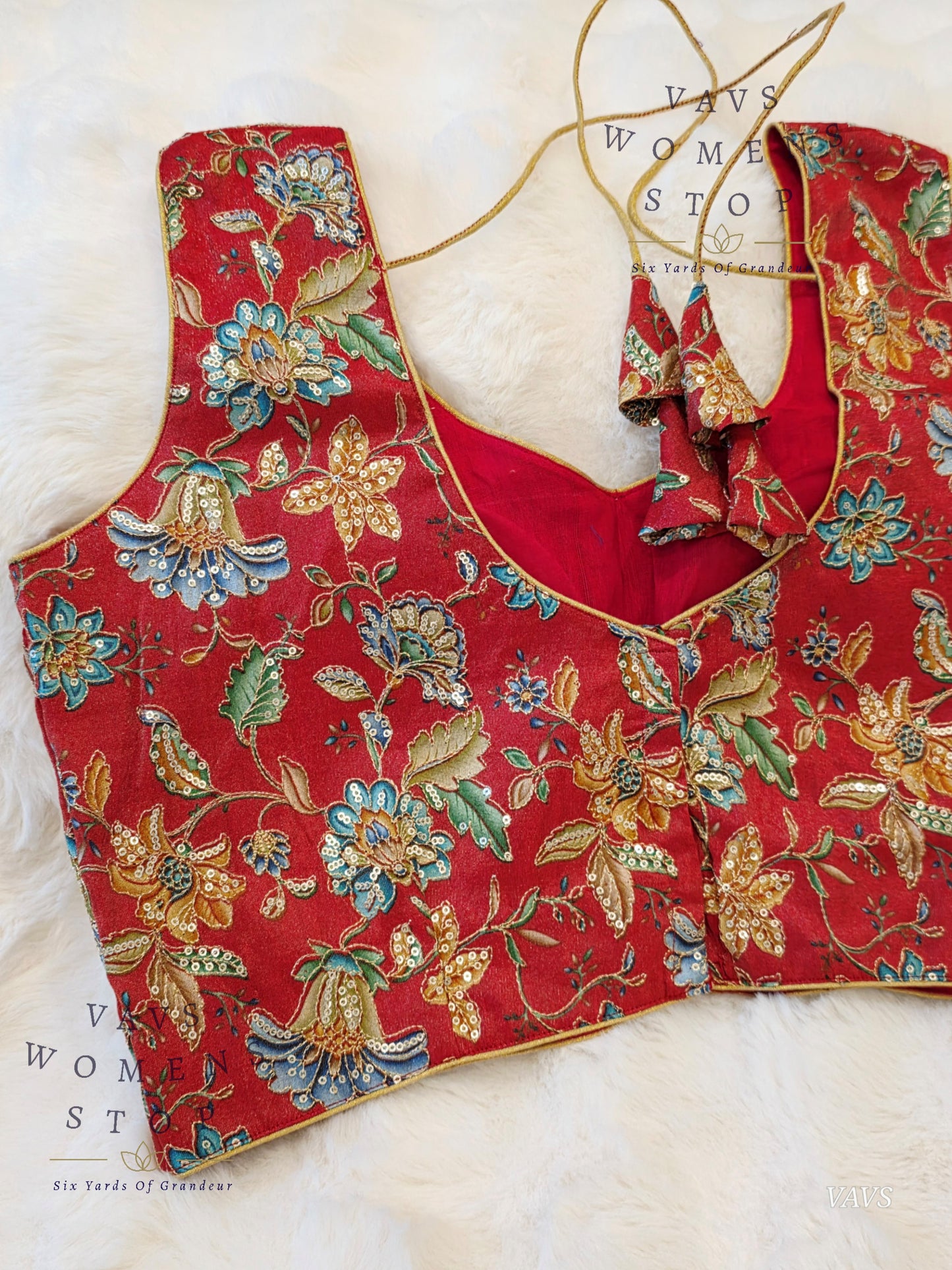 Red Shade Floral Outline Embroidery Tissue Sleeveless Stitched Blouse