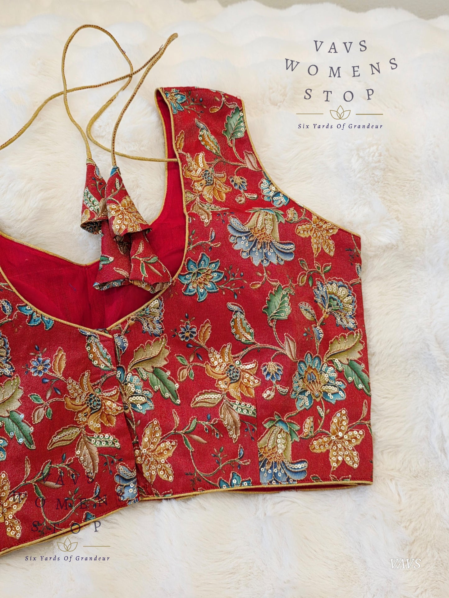 Red Shade Floral Outline Embroidery Tissue Sleeveless Stitched Blouse