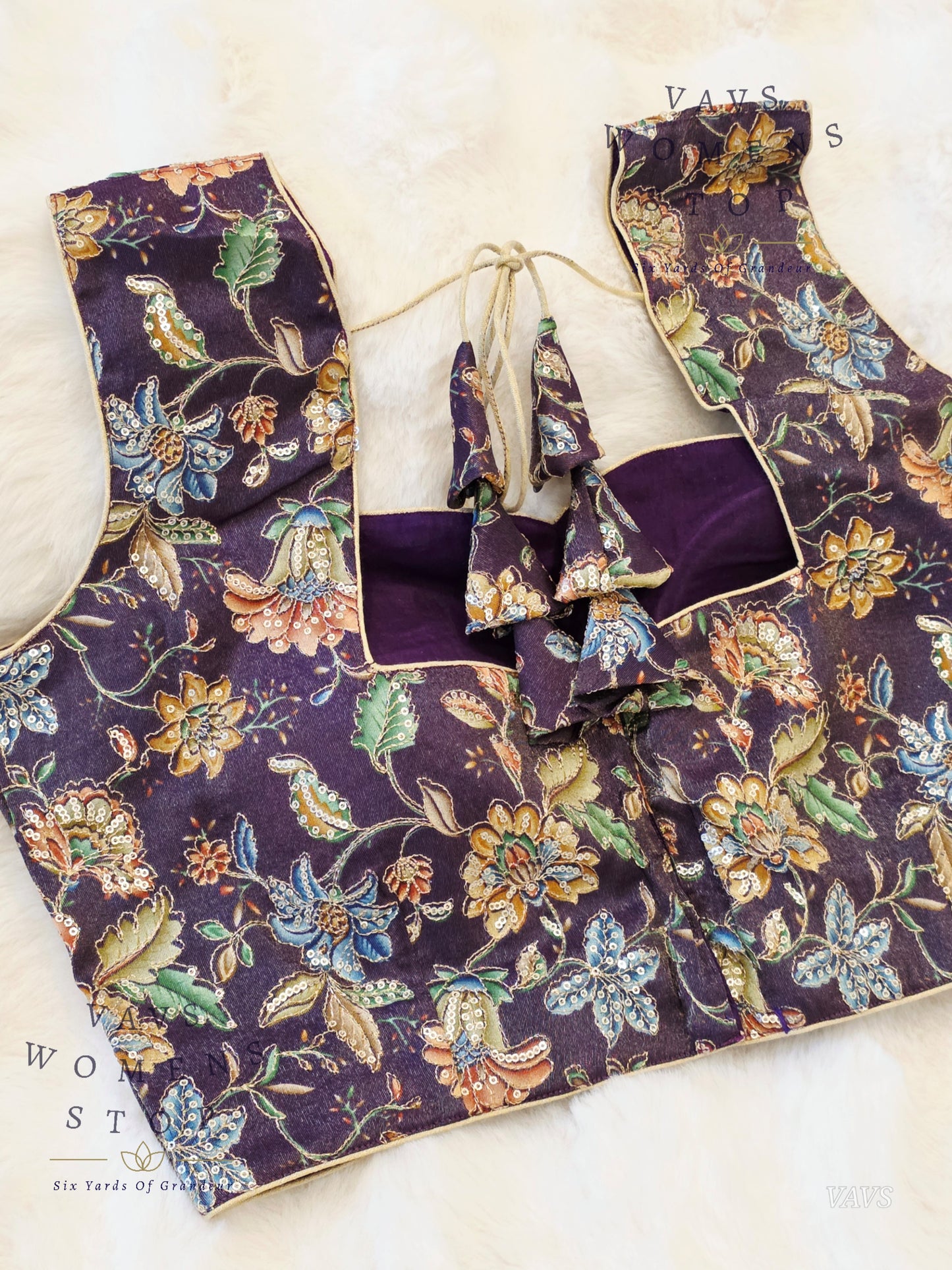 Purple Shade Floral Outline Embroidery Tissue Sleeveless Stitched Blouse