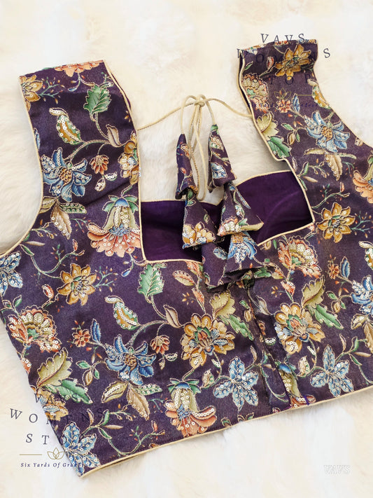 Purple Shade Floral Outline Embroidery Tissue Sleeveless Stitched Blouse