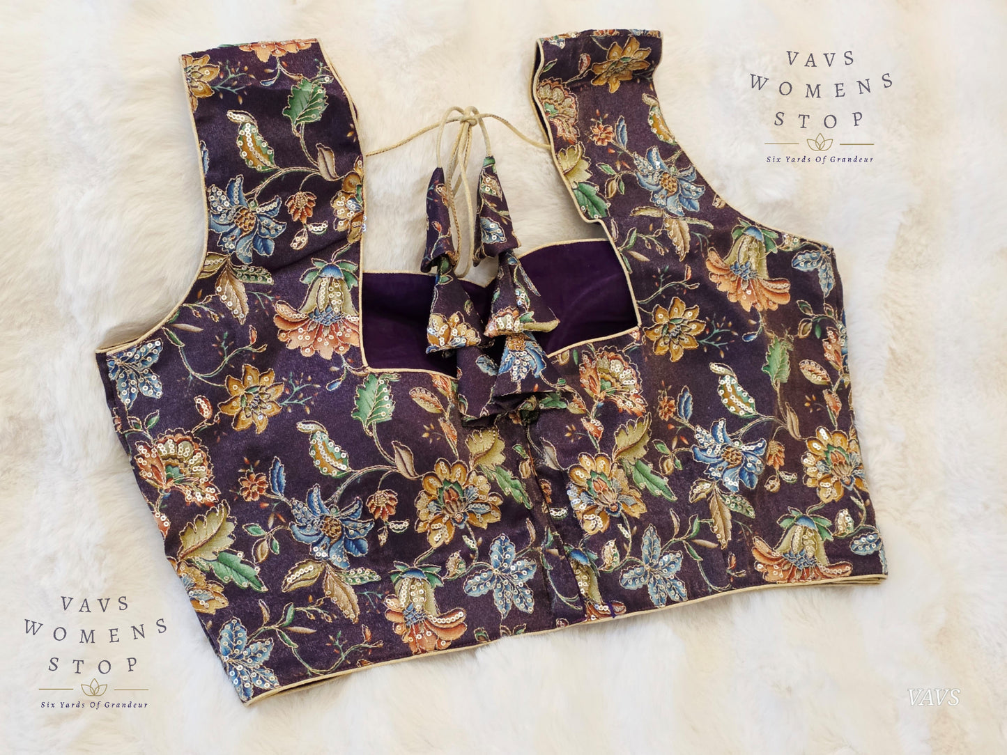 Purple Shade Floral Outline Embroidery Tissue Sleeveless Stitched Blouse