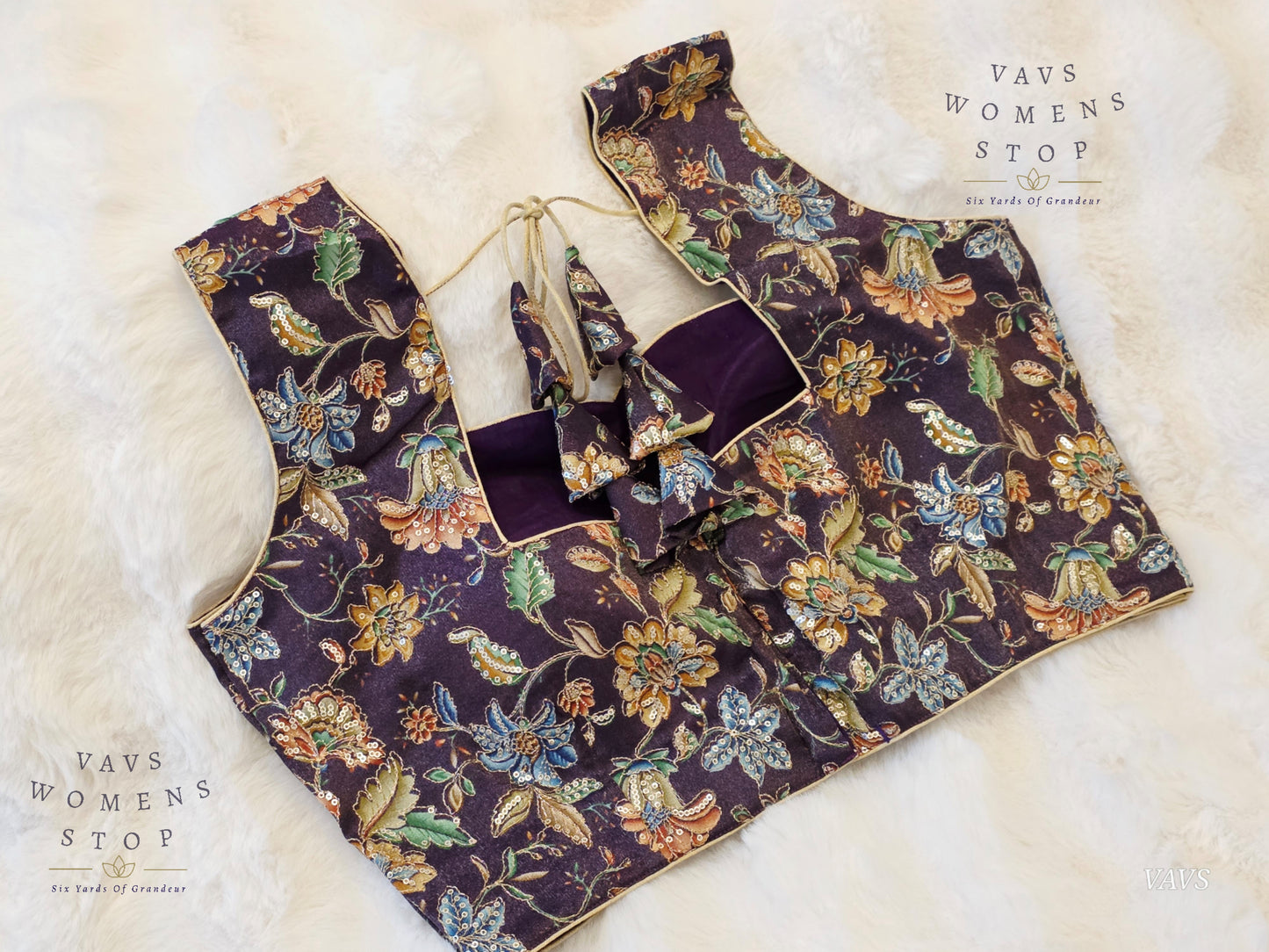 Purple Shade Floral Outline Embroidery Tissue Sleeveless Stitched Blouse