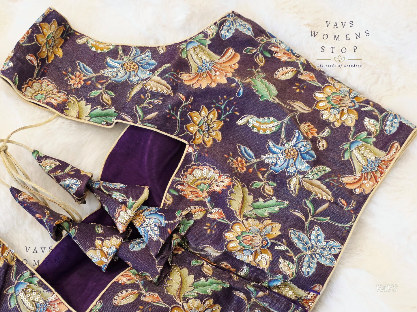 Purple Shade Floral Outline Embroidery Tissue Sleeveless Stitched Blouse