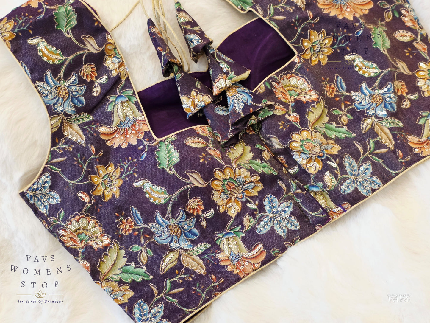 Purple Shade Floral Outline Embroidery Tissue Sleeveless Stitched Blouse