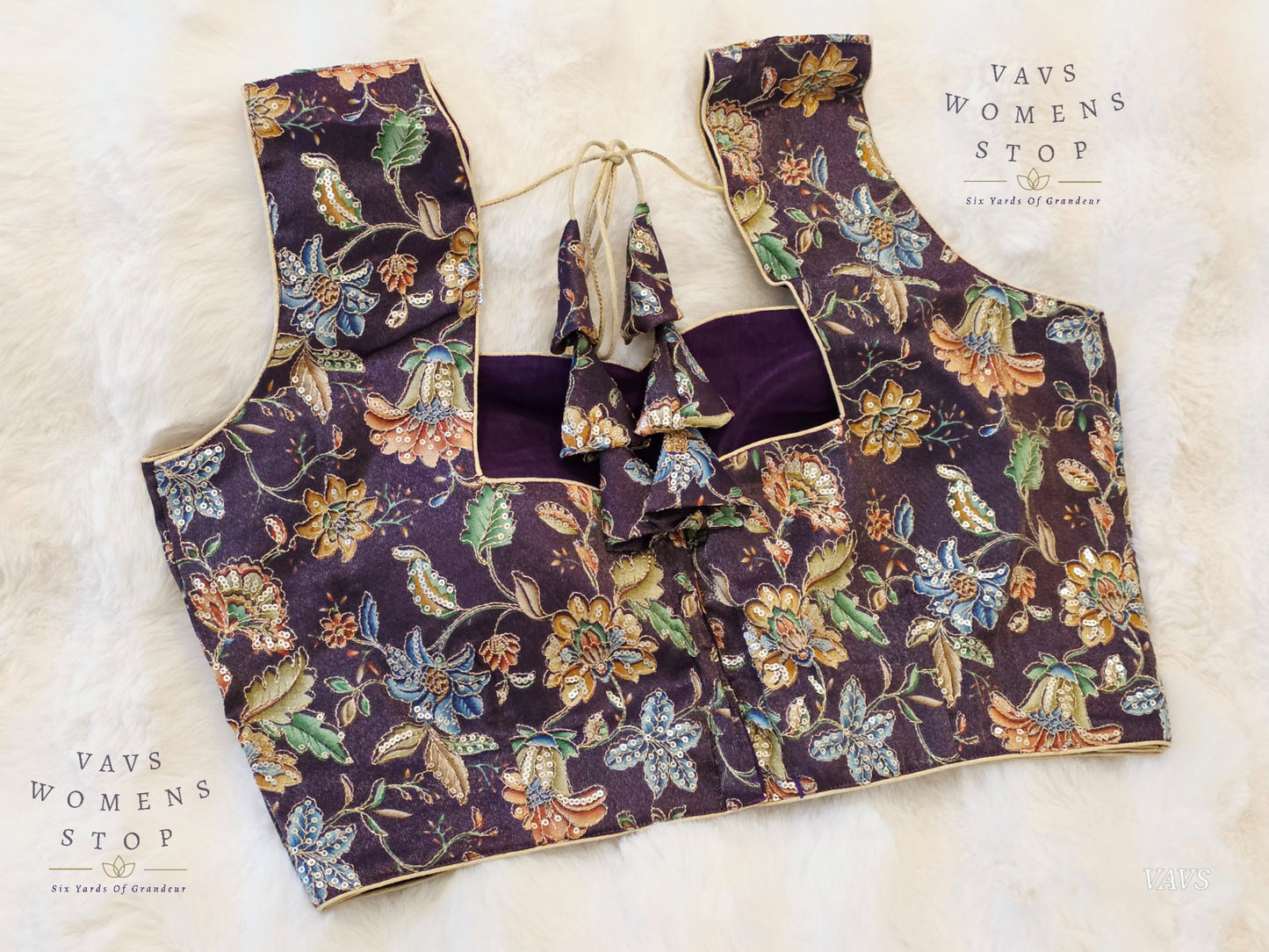 Purple Shade Floral Outline Embroidery Tissue Sleeveless Stitched Blouse