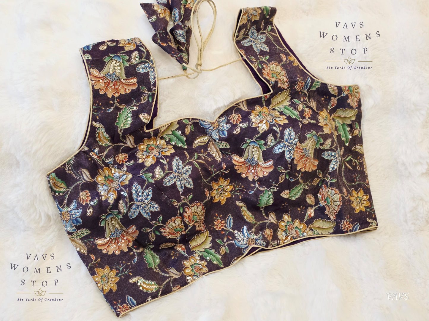 Purple Shade Floral Outline Embroidery Tissue Sleeveless Stitched Blouse