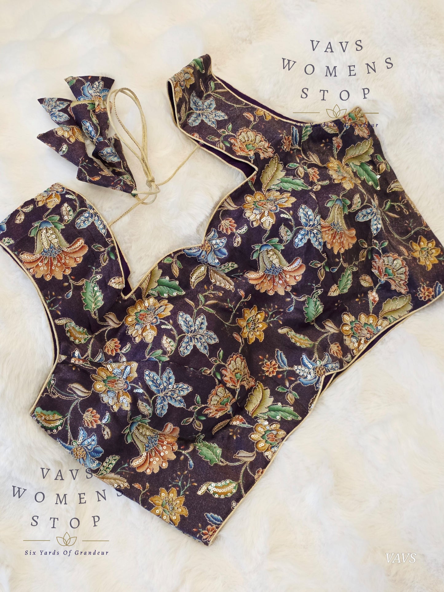 Purple Shade Floral Outline Embroidery Tissue Sleeveless Stitched Blouse