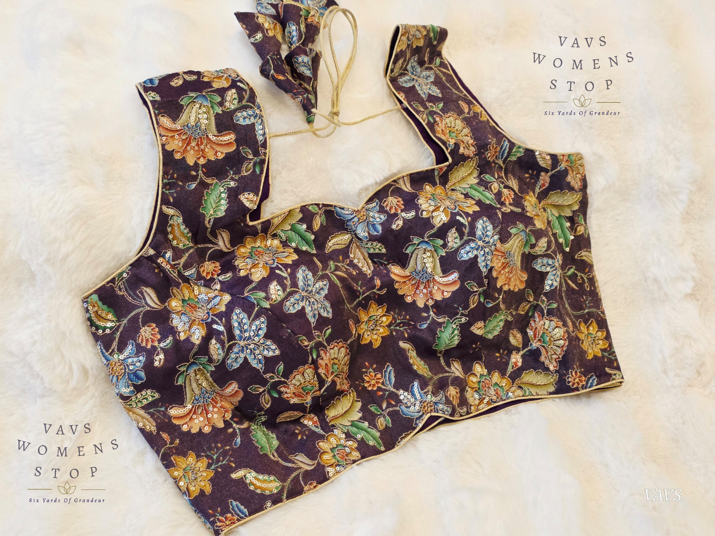 Purple Shade Floral Outline Embroidery Tissue Sleeveless Stitched Blouse