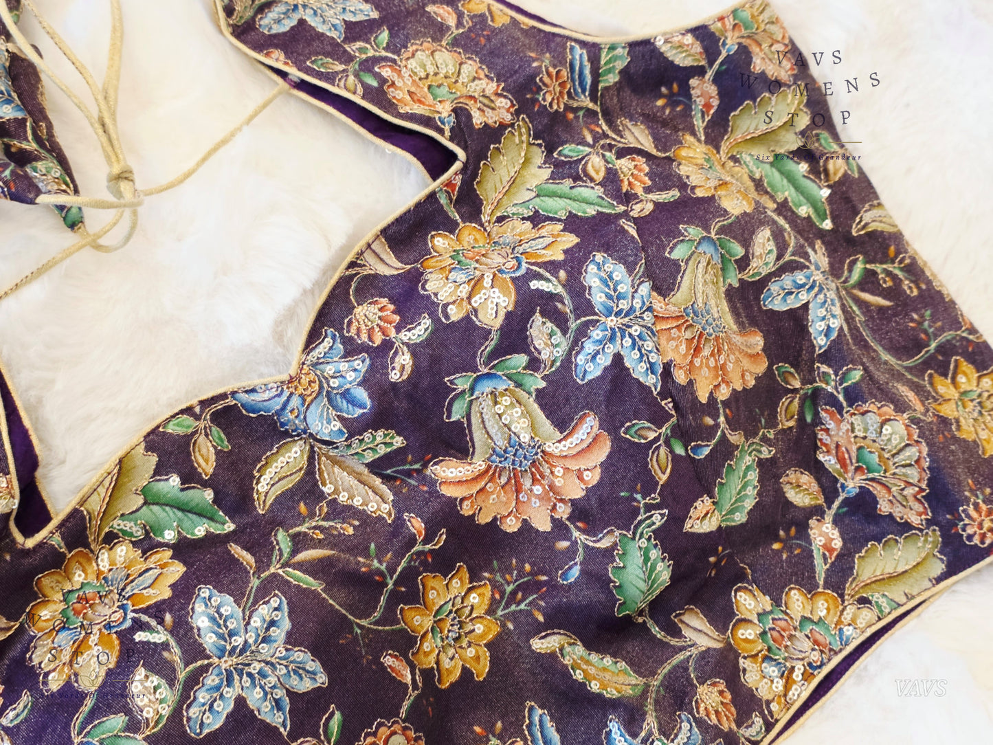 Purple Shade Floral Outline Embroidery Tissue Sleeveless Stitched Blouse