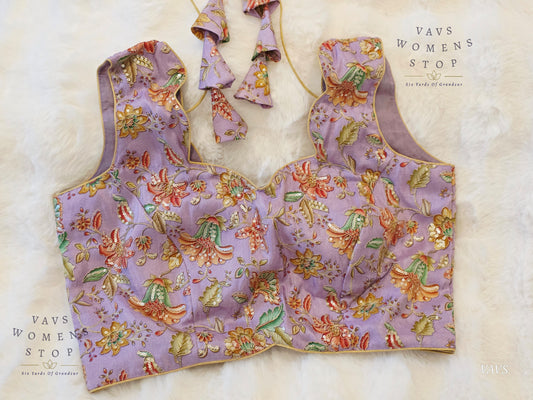 Lavender Shade Floral Outline Embroidery Tissue Sleeveless Stitched Blouse