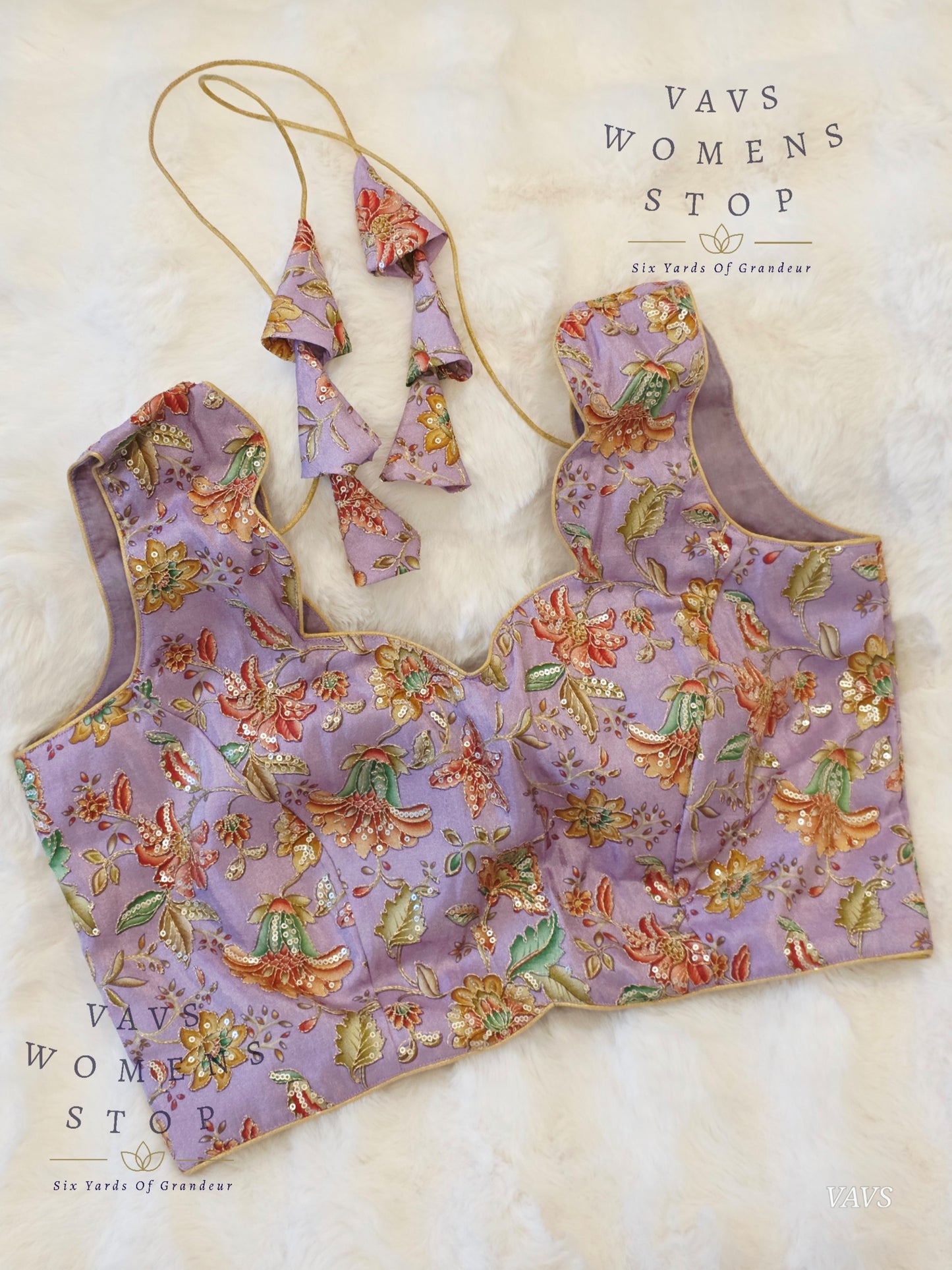 Lavender Shade Floral Outline Embroidery Tissue Sleeveless Stitched Blouse