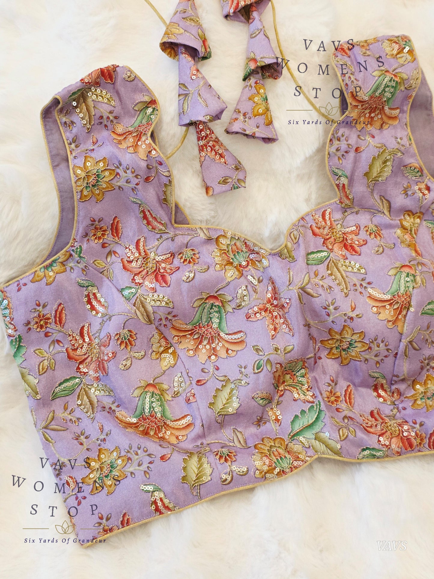 Lavender Shade Floral Outline Embroidery Tissue Sleeveless Stitched Blouse