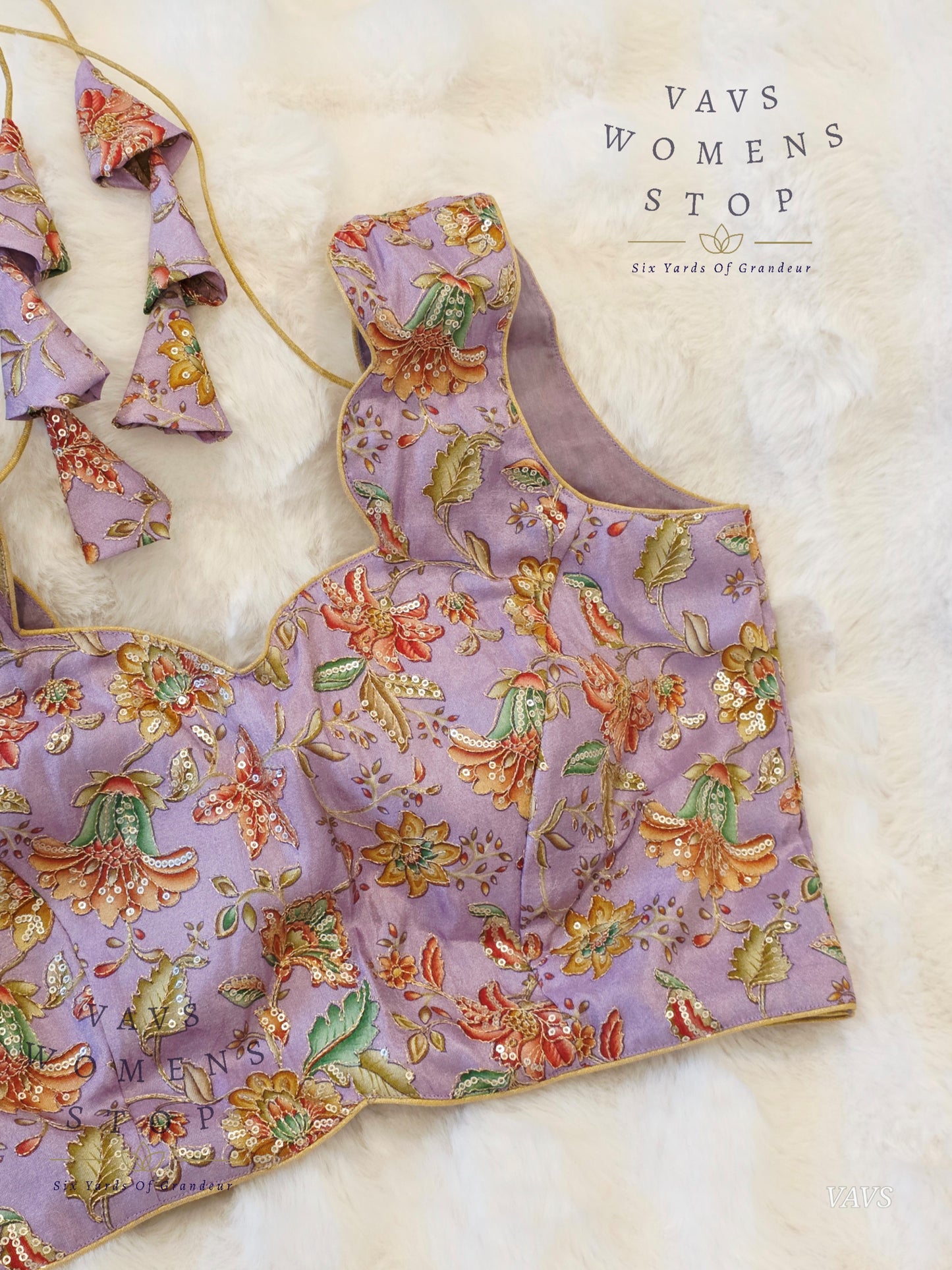 Lavender Shade Floral Outline Embroidery Tissue Sleeveless Stitched Blouse