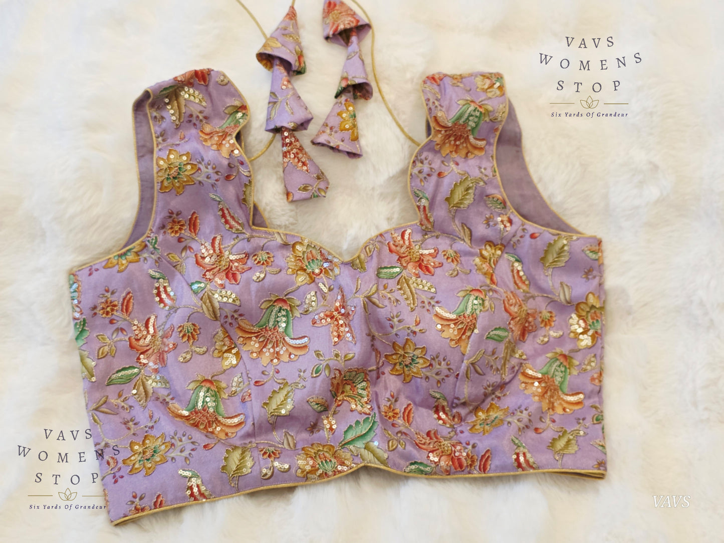 Lavender Shade Floral Outline Embroidery Tissue Sleeveless Stitched Blouse