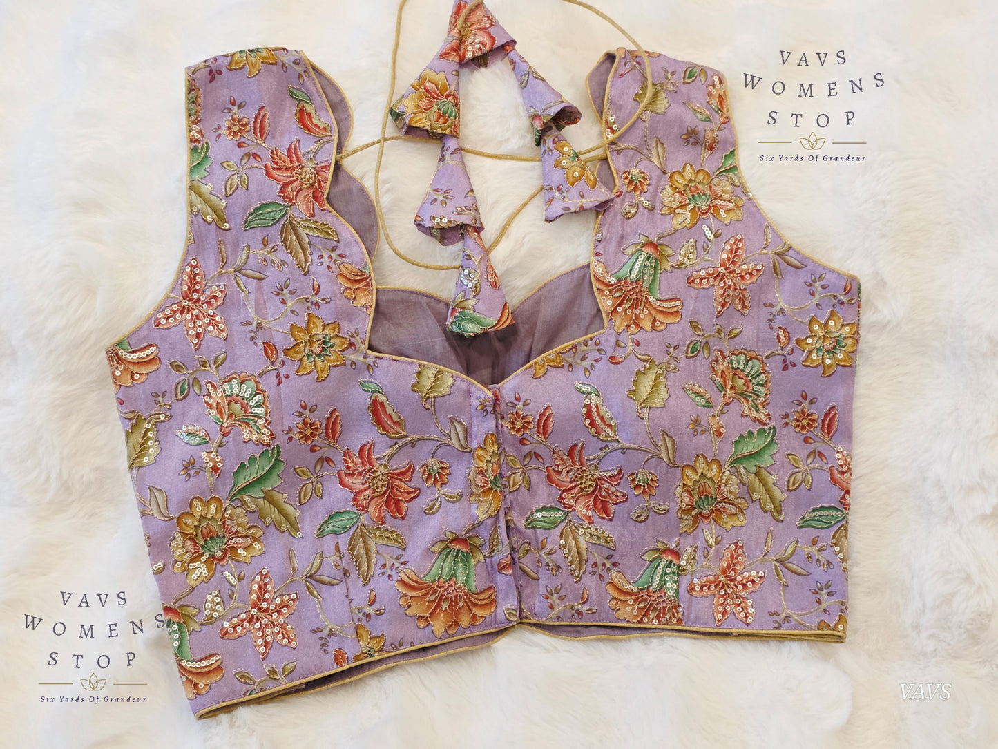 Lavender Shade Floral Outline Embroidery Tissue Sleeveless Stitched Blouse