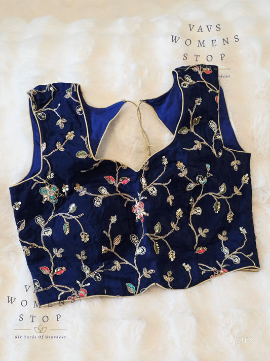 Navy Blue Crepe Silk Embroidered Sleeveless Blouse | Padded | Size 36–42