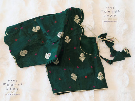 Bottle Green Bandhini Floral Butta Munga Silk Blouse – Front Open | Size 42 Extends to 48