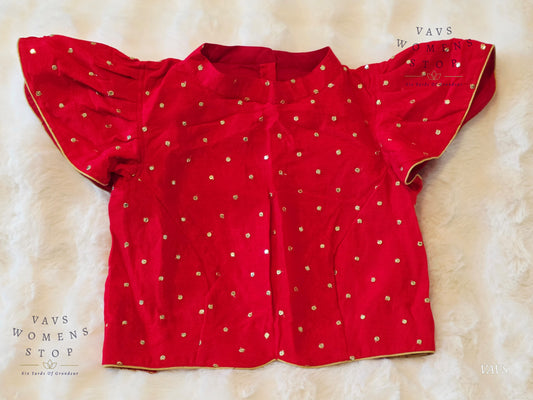 Red Turtle Neck Cap Sleeves Chinon Chiffon Blouse with Gold Butta – Back Open | Size 36 Extends to 42