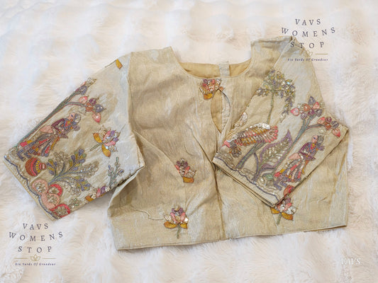 Exclusive Designer Cream Shade Blouse with Sequins & Peacock Sleeve Embroidery