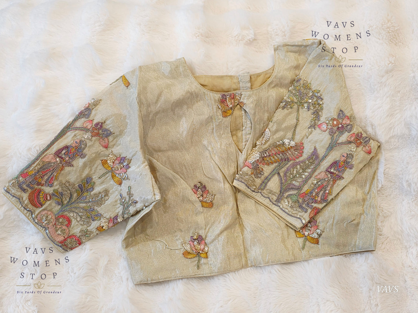 Exclusive Designer Cream Shade Blouse with Sequins & Peacock Sleeve Embroidery