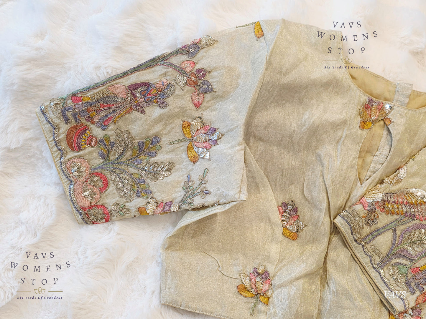 Exclusive Designer Cream Shade Blouse with Sequins & Peacock Sleeve Embroidery