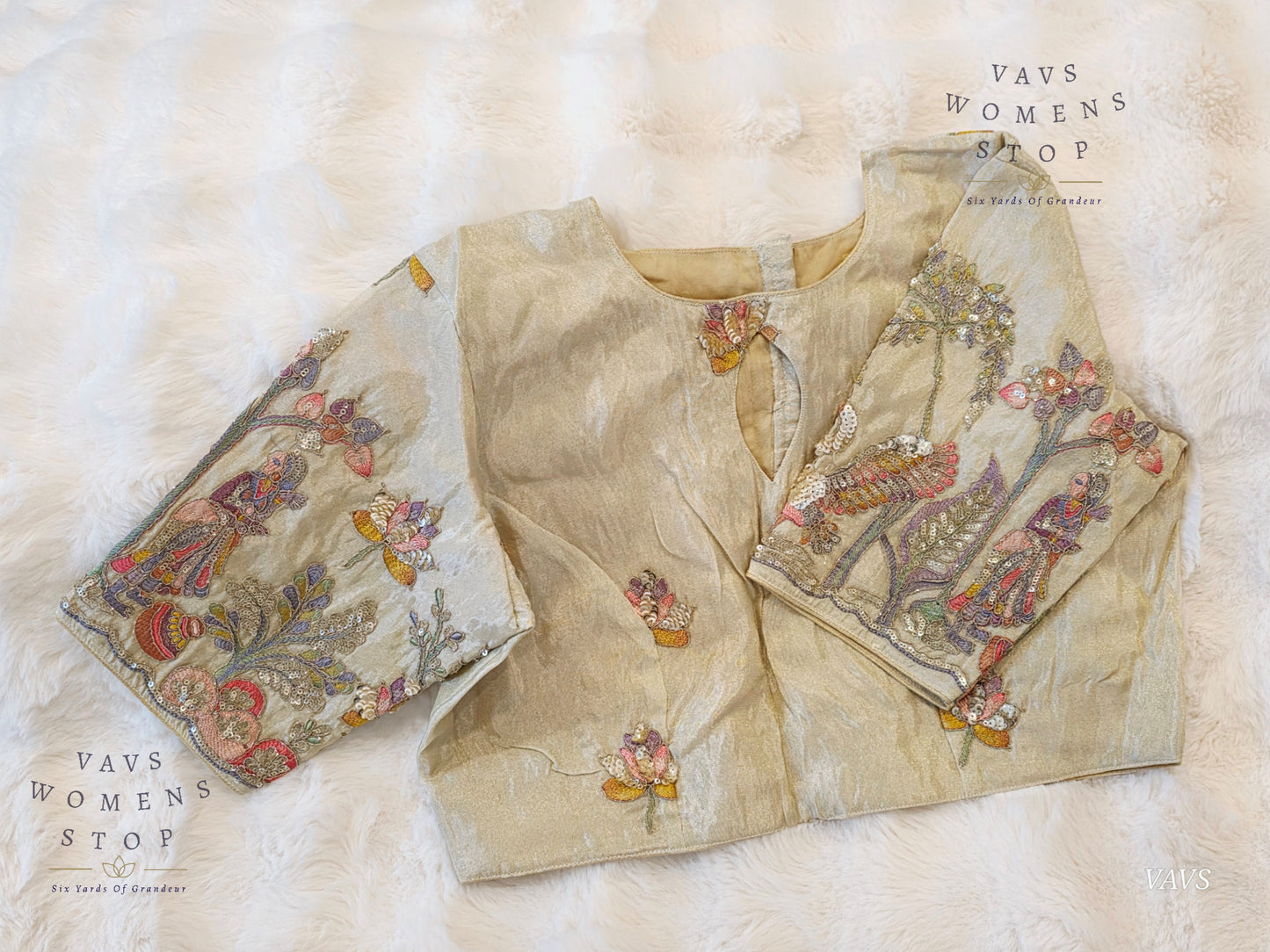 Exclusive Designer Cream Shade Blouse with Sequins & Peacock Sleeve Embroidery