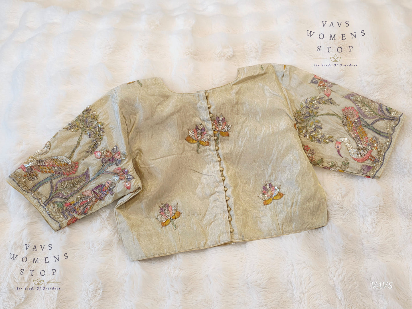 Exclusive Designer Cream Shade Blouse with Sequins & Peacock Sleeve Embroidery