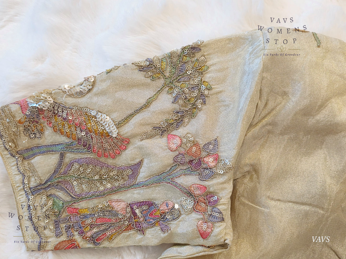 Exclusive Designer Cream Shade Blouse with Sequins & Peacock Sleeve Embroidery