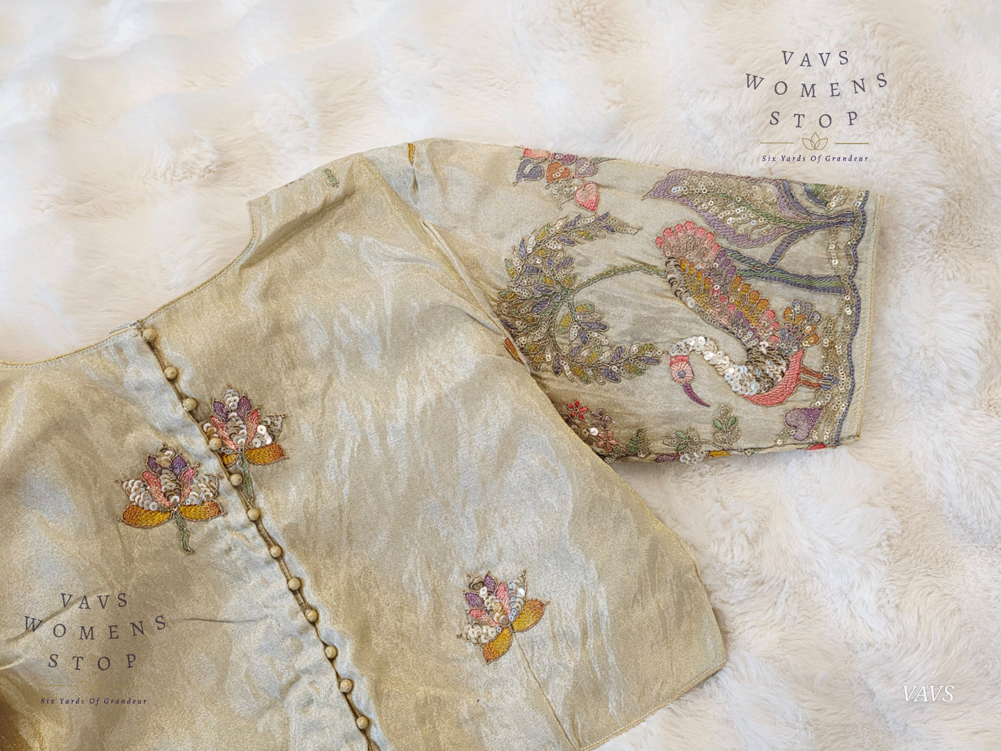 Exclusive Designer Cream Shade Blouse with Sequins & Peacock Sleeve Embroidery