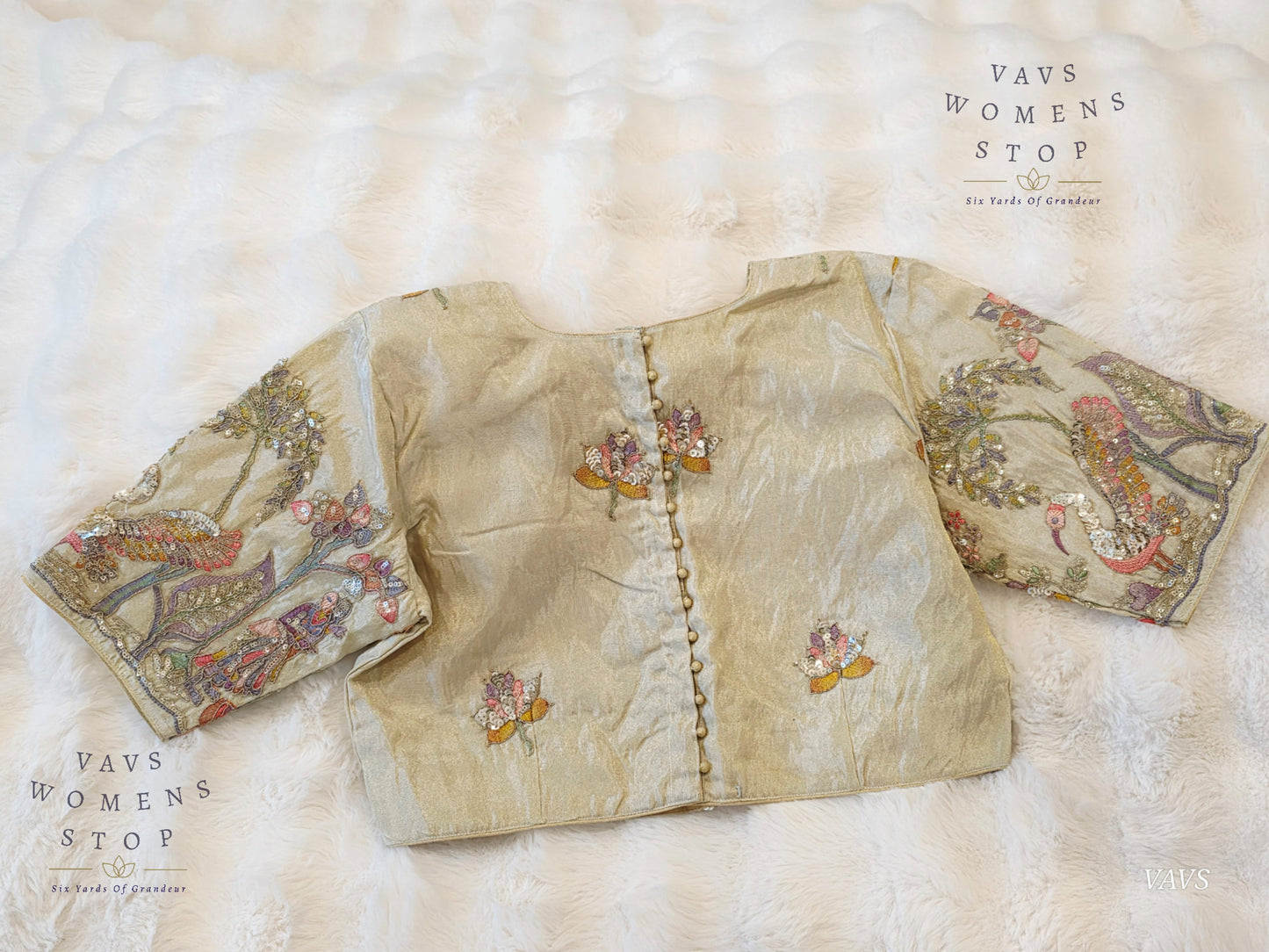 Exclusive Designer Cream Shade Blouse with Sequins & Peacock Sleeve Embroidery