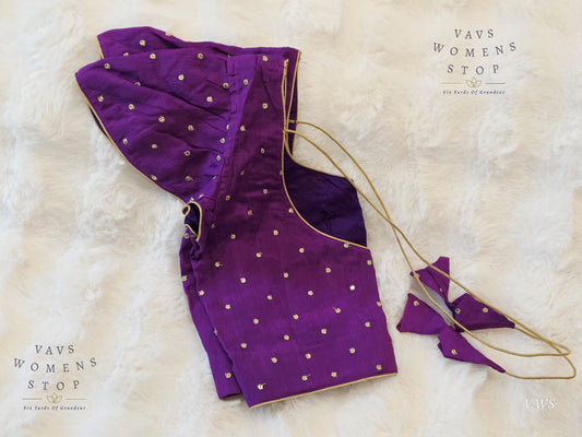 Royal Purple Cap Sleeves Chinon Chiffon Blouse with Gold Butta – Front Open | Size 34 Extends to 40