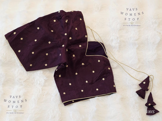 Wine Maroon Chinon Chiffon Stitched Blouse with Gold Butta – Front Open | Size 42 Extends to 48