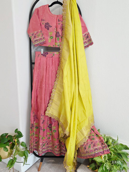 Munga Crepe Silk Embroidery Work Designer Half Saree Set.