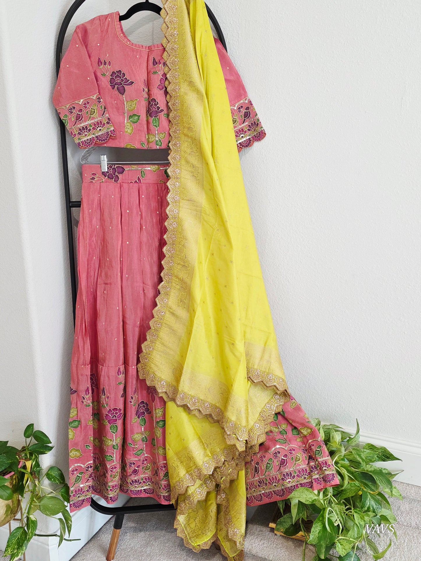 Munga Crepe Silk Embroidery Work Designer Half Saree Set.