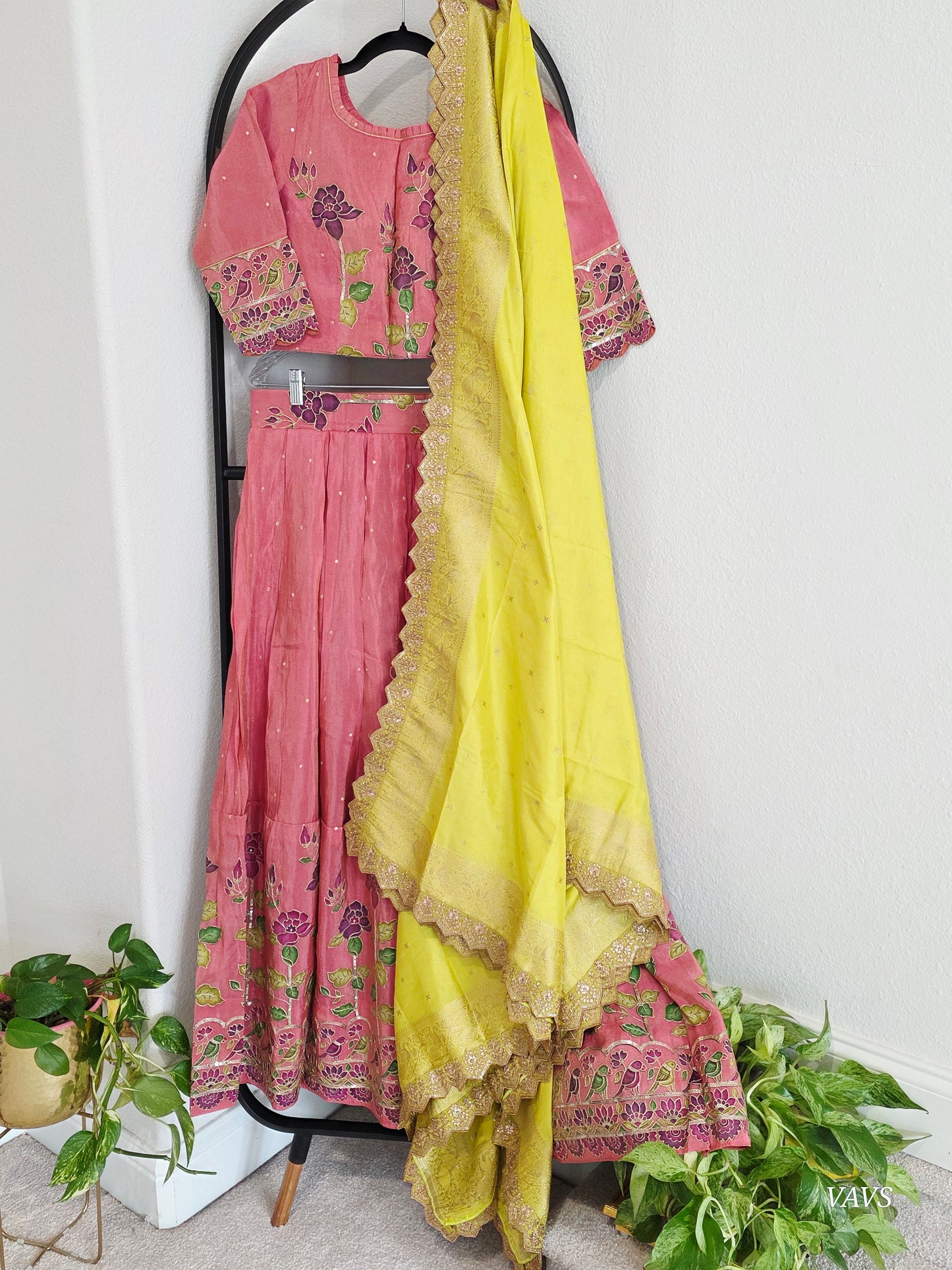 Munga Crepe Silk Embroidery Work Designer Half Saree Set.