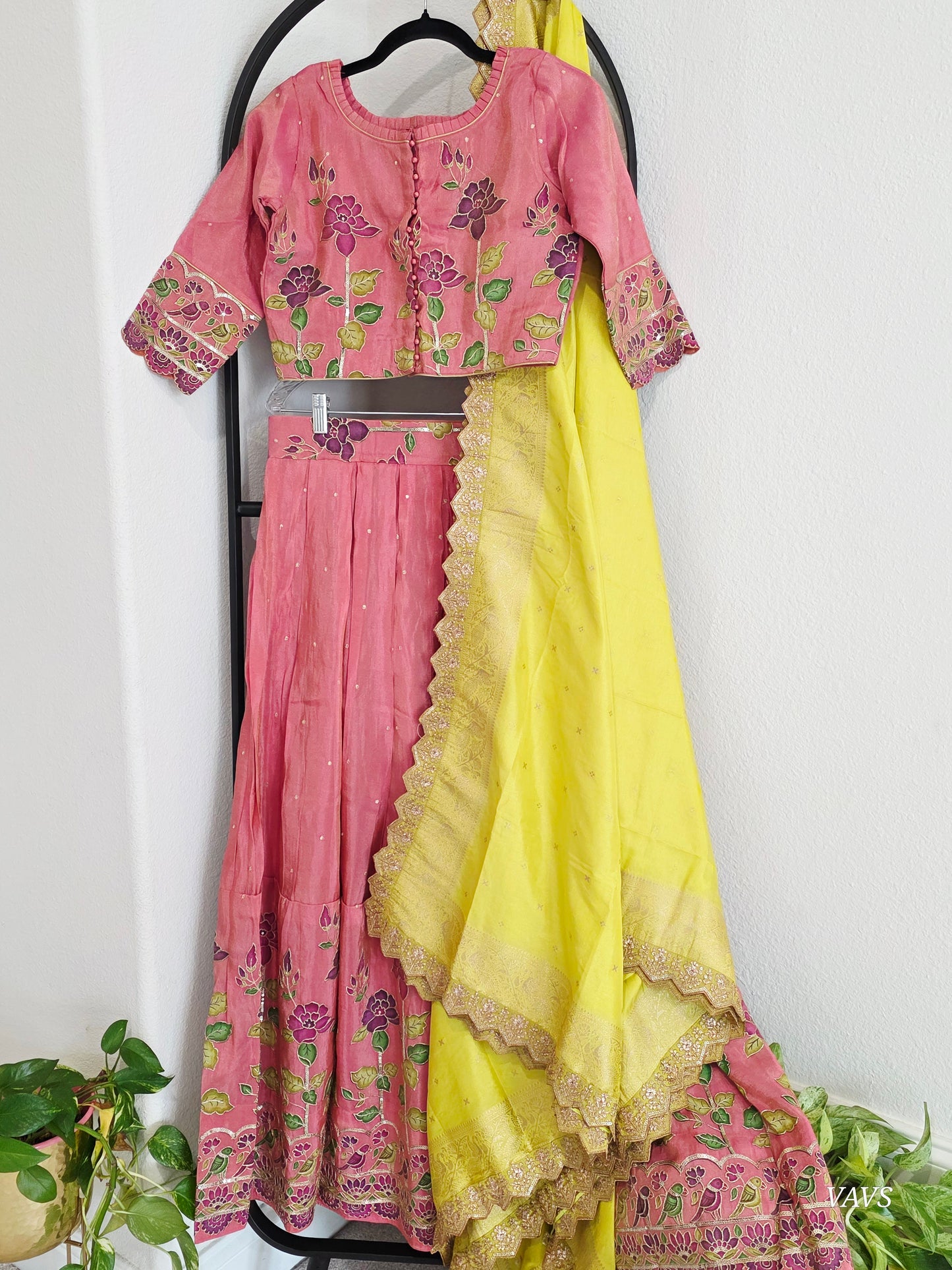 Munga Crepe Silk Embroidery Work Designer Half Saree Set.