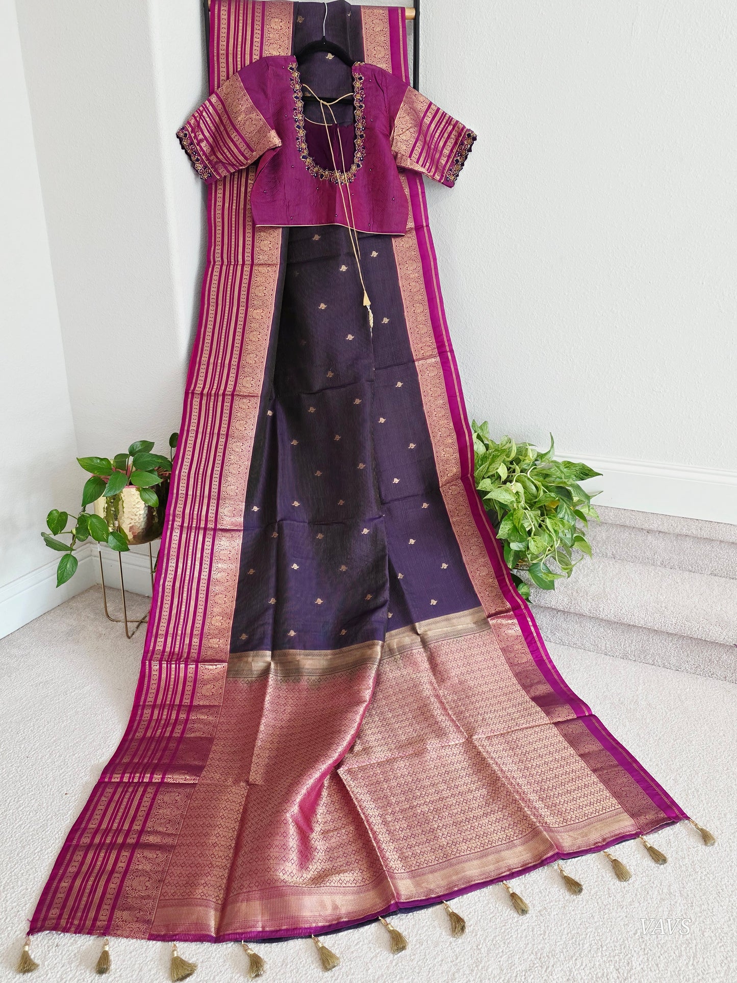 Pure Kanchi Soft Silk Handloom Saree in Deep Plum & Magenta with Zari Butta & Maggam Blouse
