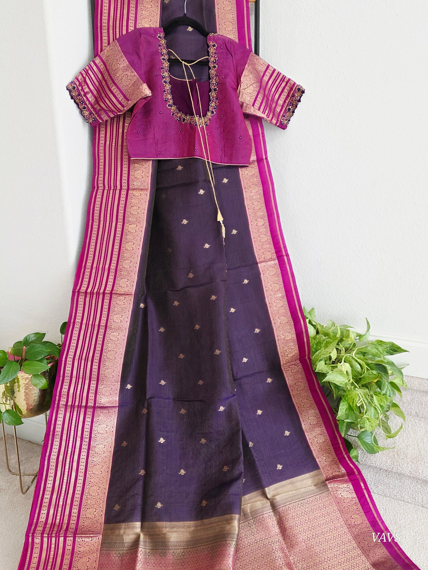 Pure Kanchi Soft Silk Handloom Saree in Deep Plum & Magenta with Zari Butta & Maggam Blouse