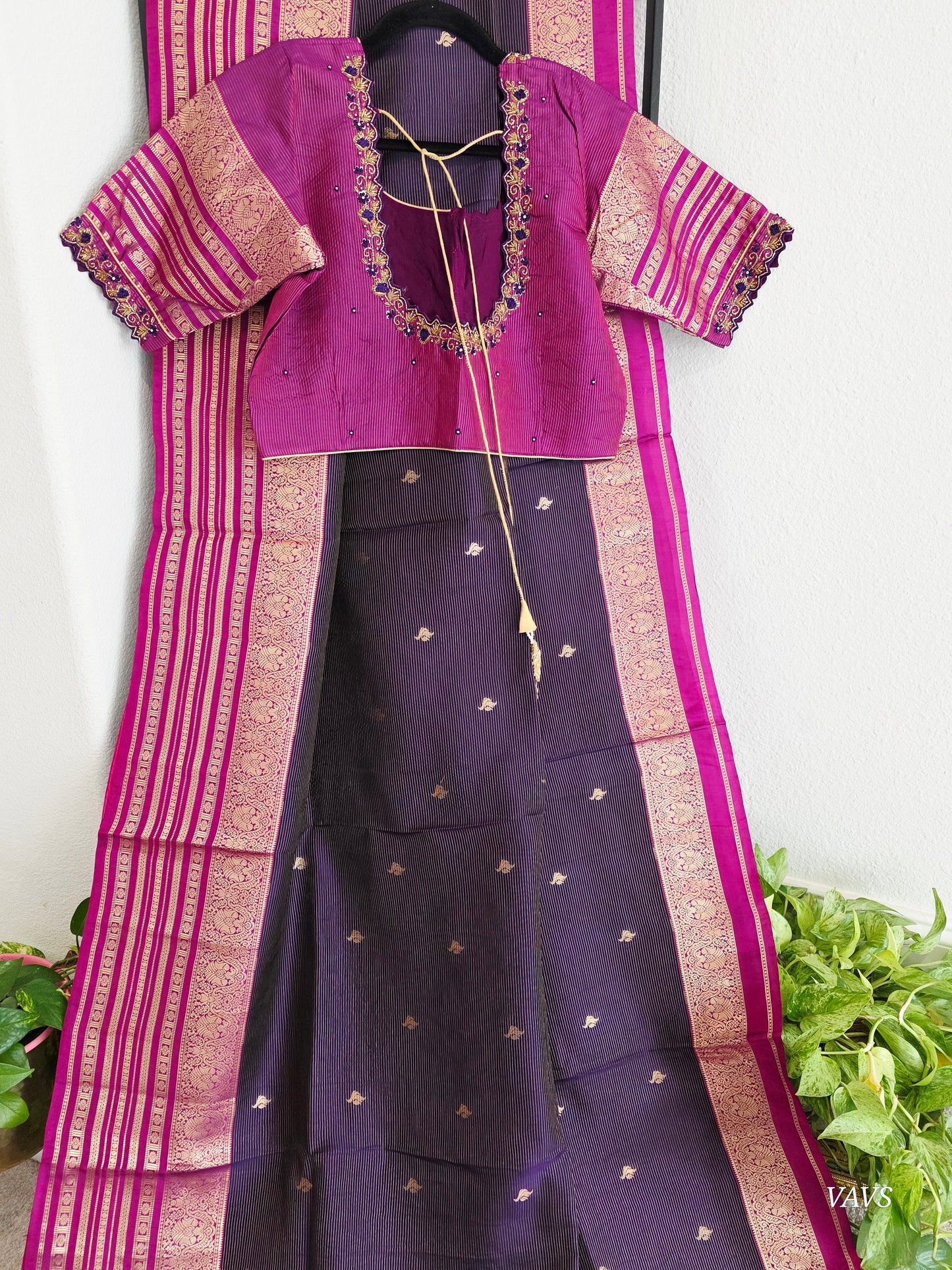 Pure Kanchi Soft Silk Handloom Saree in Deep Plum & Magenta with Zari Butta & Maggam Blouse