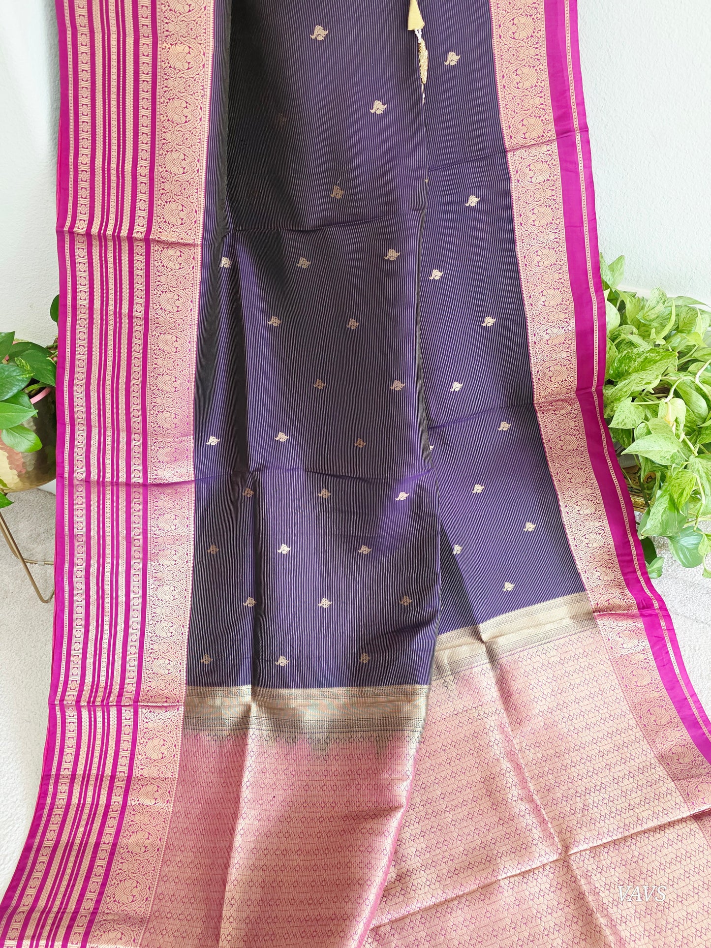 Pure Kanchi Soft Silk Handloom Saree in Deep Plum & Magenta with Zari Butta & Maggam Blouse